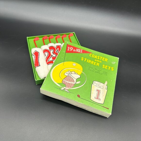 19th Hole Coaster Golf Club Cocktail Stirrer Set Vintage Japan Koozies Barware - Picture 1 of 8